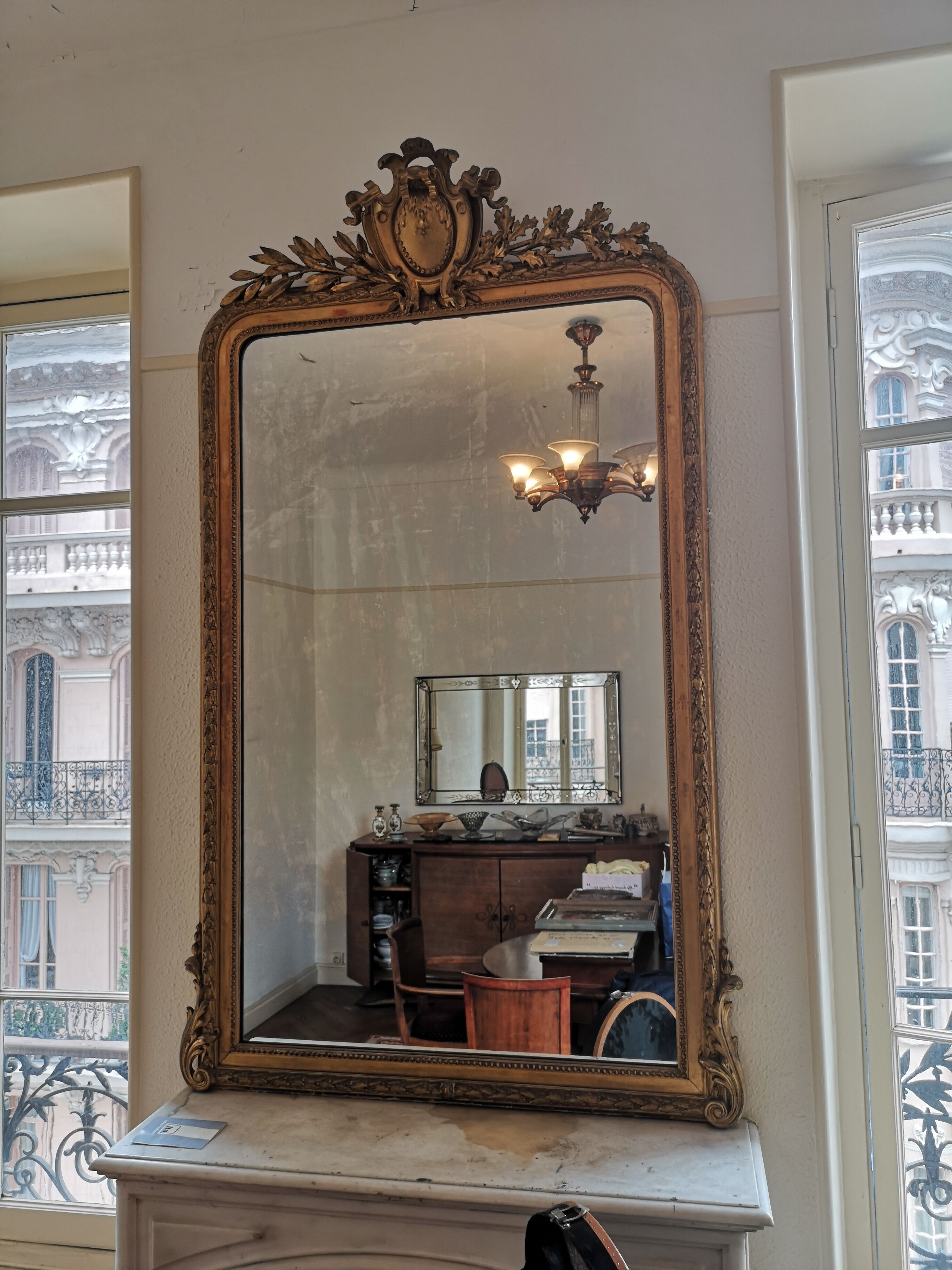 Golden wood fireplace mirror 190x110cm
