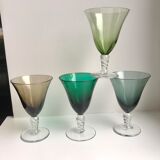 Set of 4 colored wine glasses feet worked 50s