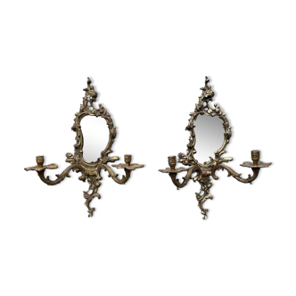 Pair of vintage bronze wall sconces with mirror and 2 candles