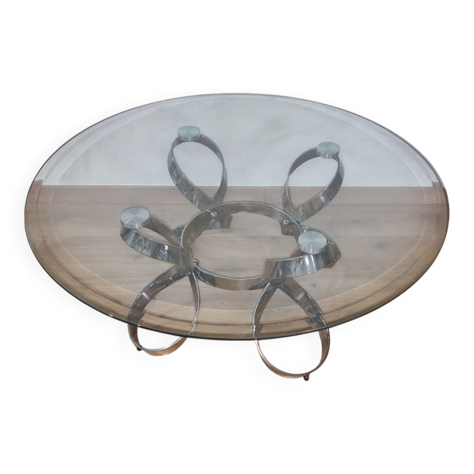 Table basse vintage Spage Age en verre et chrome. Style Hesterberg