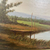 Tableau huile bord de rivière signé EM