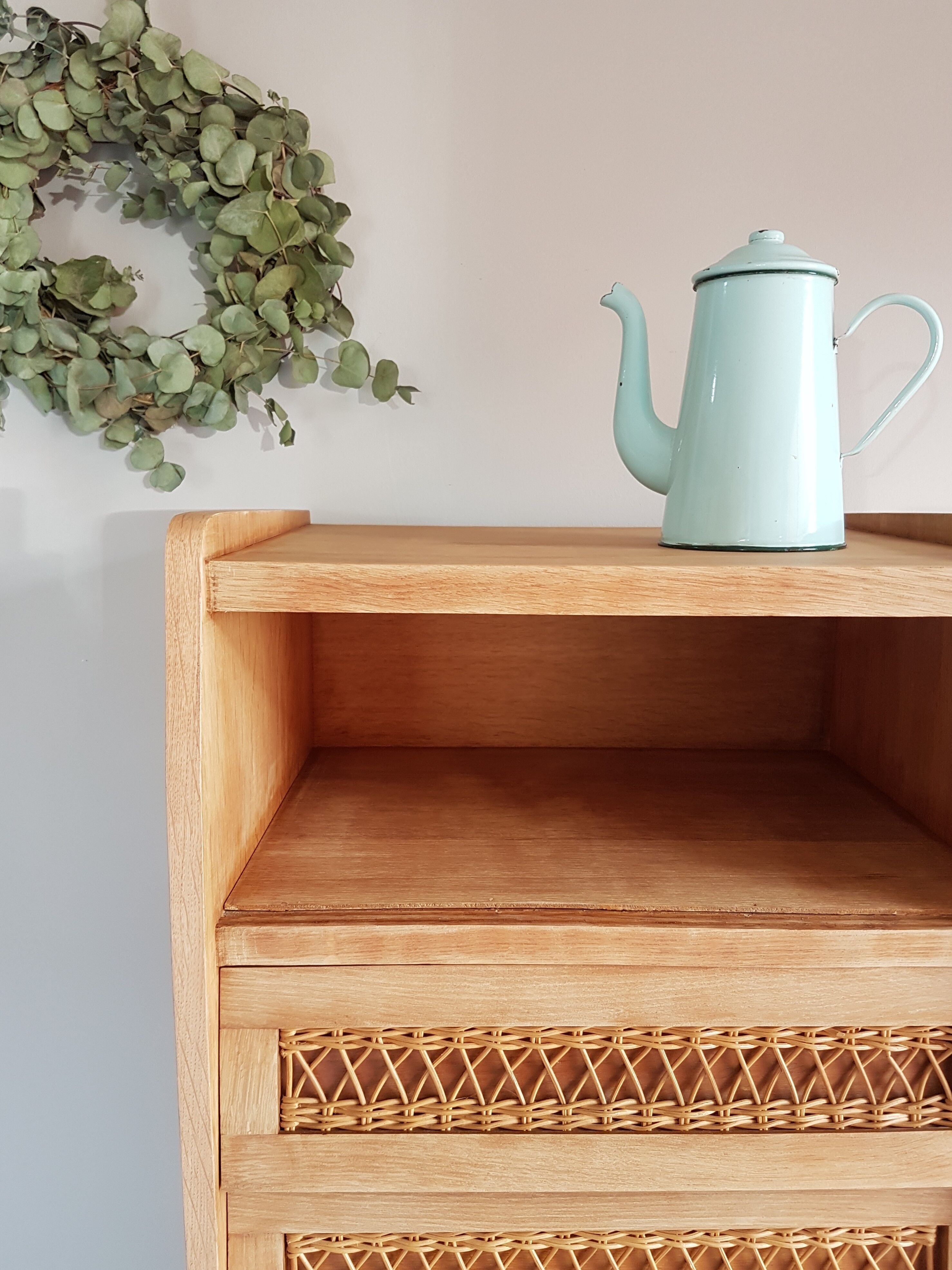 Wood and rattan restored chest of drawers