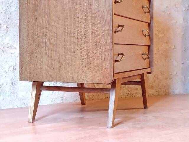 Renovated vintage chest of drawers with compass legs in light gilded wood, 1950-1960