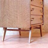 Renovated vintage chest of drawers with compass legs in light gilded wood, 1950-1960