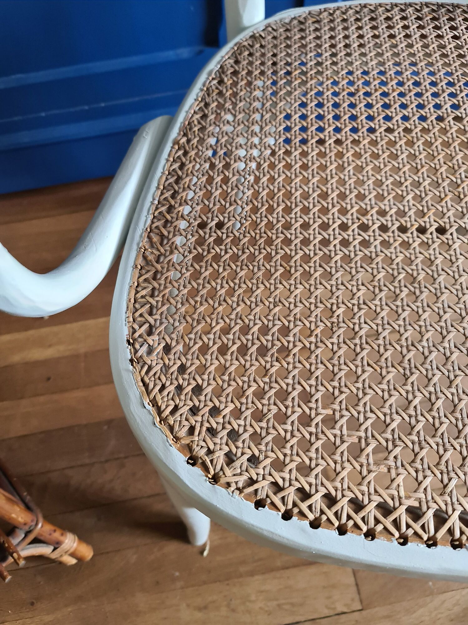 Chair / armchair cannage and wood painted shaby vintage