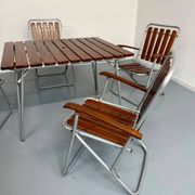 Vintage folding garden set table 4 chairs wood and metal 1960