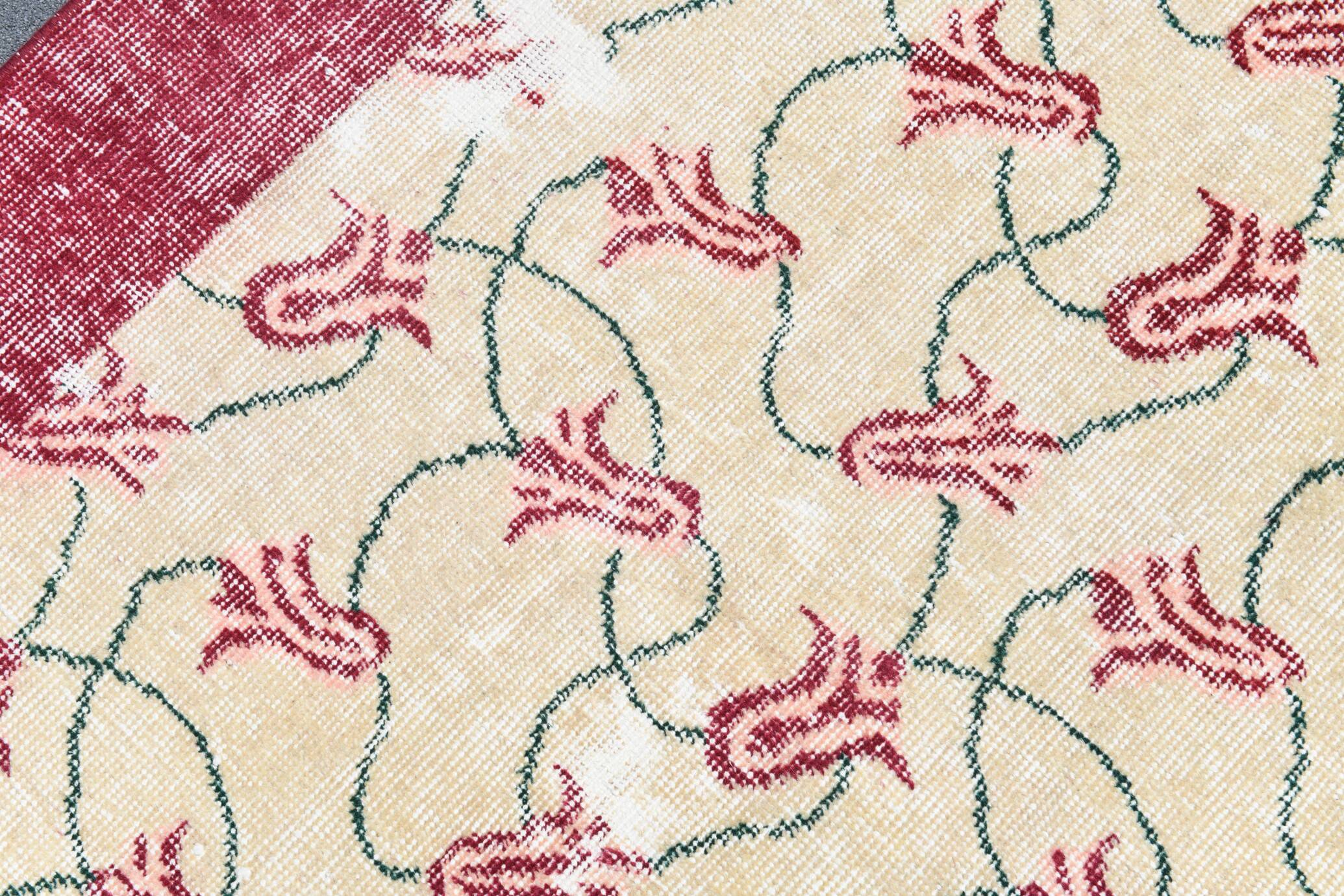 Beige & Burgundy Bordered  Floral Turkish Rug, Neutral Wool Rug, 194x290 Cm
