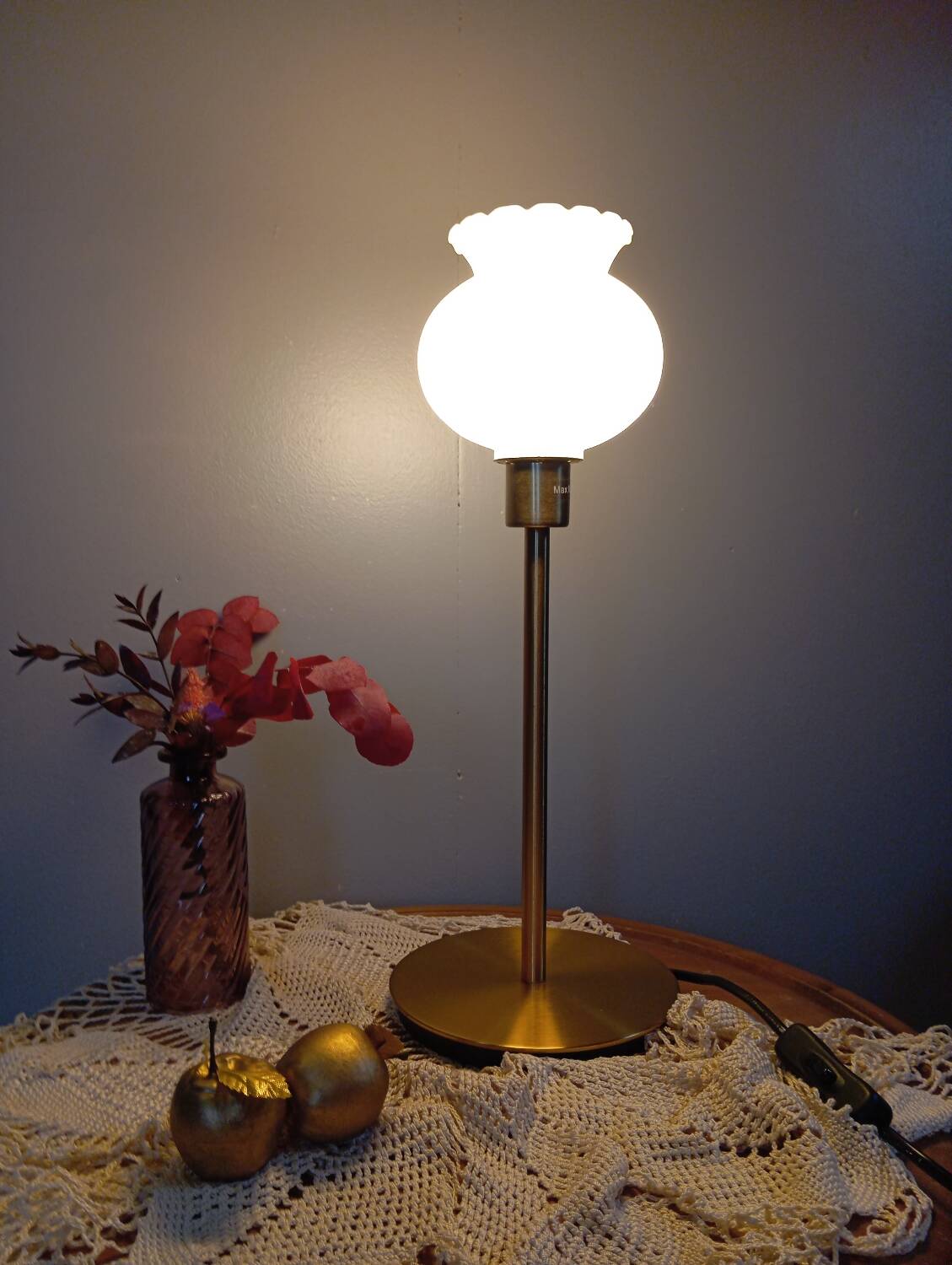 Living room lamp with gold metal base, matt white opaline globe, vintage