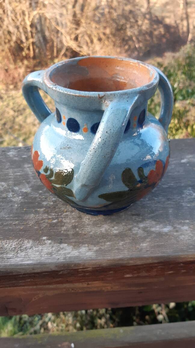 Vase with 3 handles in glazed terracotta Alsace early 20th century