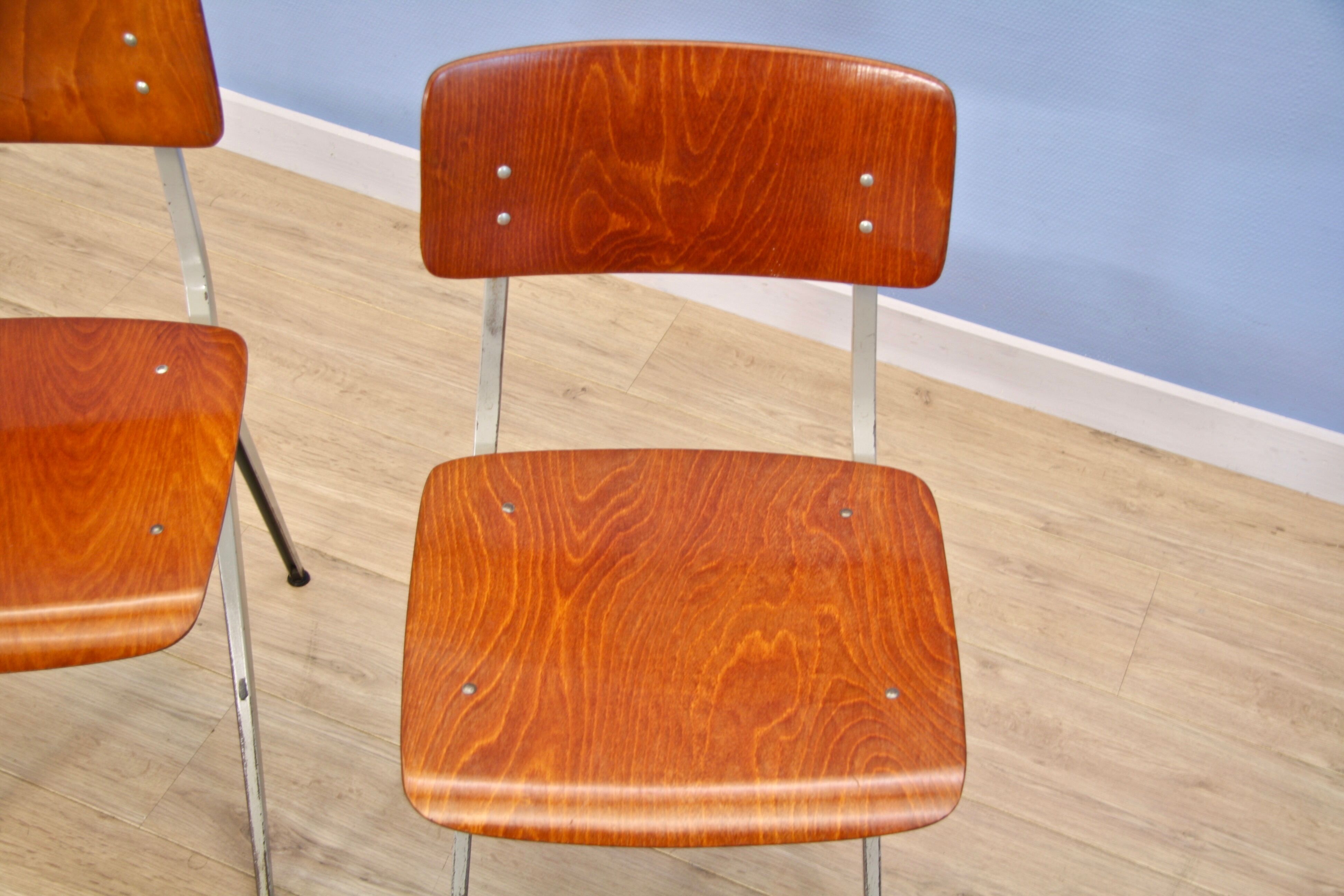 Set of 2 Dutch industrial chairs in teak/plywood by Marko, 1960s