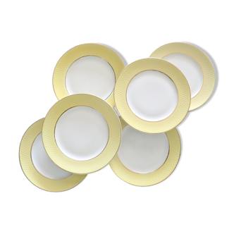 Set of 6 flat plates yellow with checkerboard in relief, French manufacture, vintage