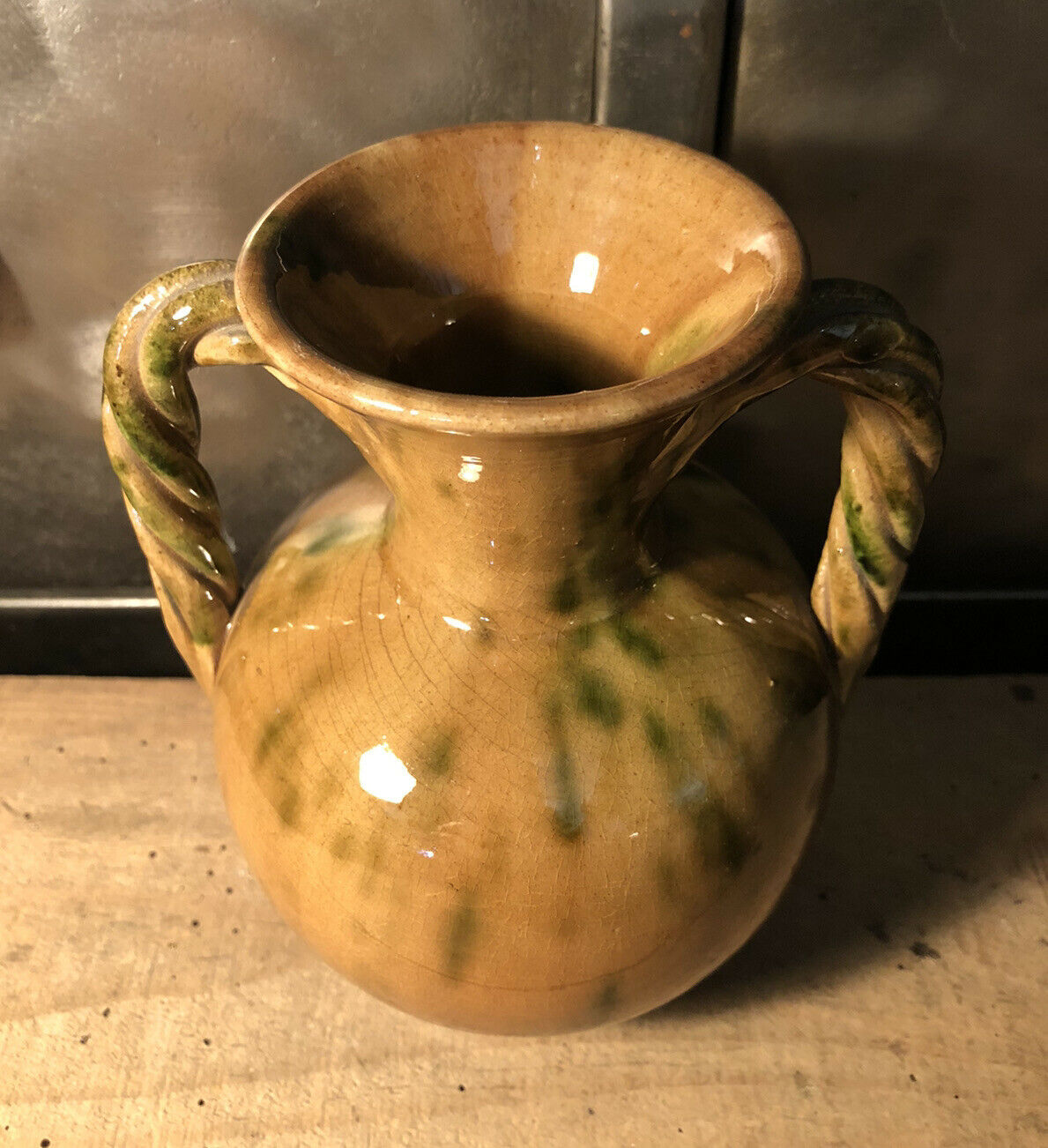 Handled vase in enameled ceramic, stamp to identify