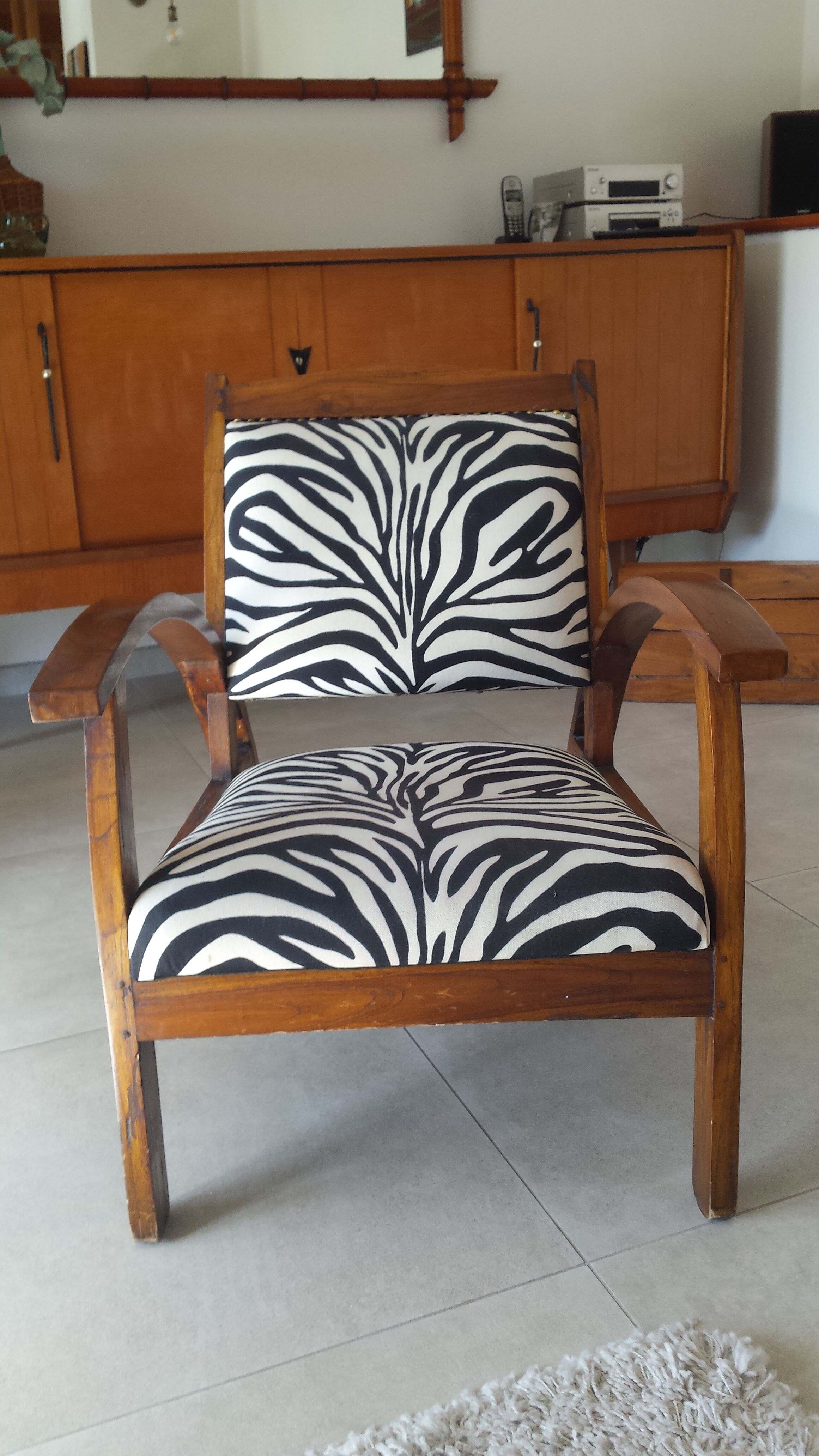 Scandinavian style wood armchair, black and white fabric