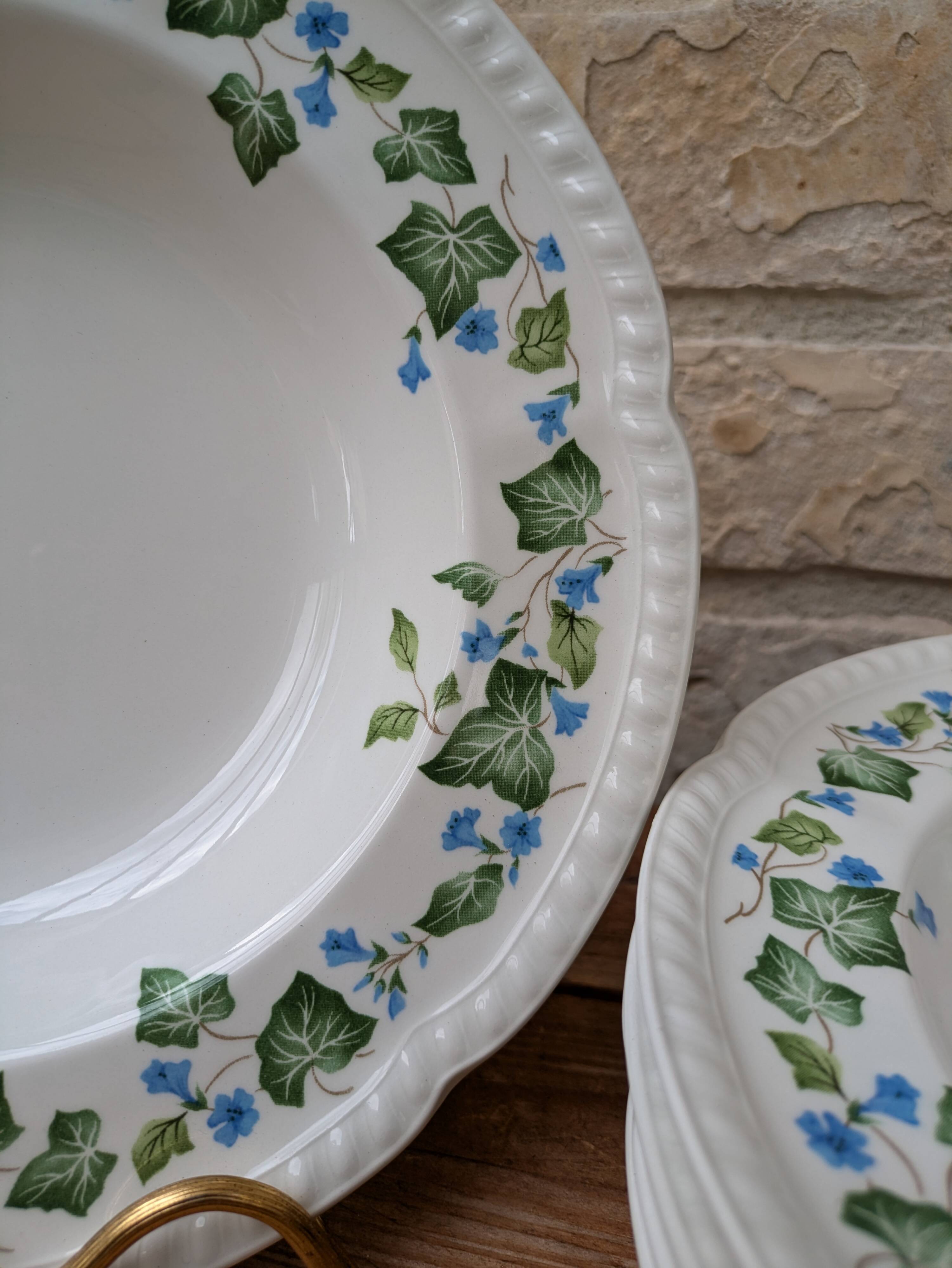 Johnson Brothers Set of 6 Ivy Leaf and Flower Blue Dinner Plates