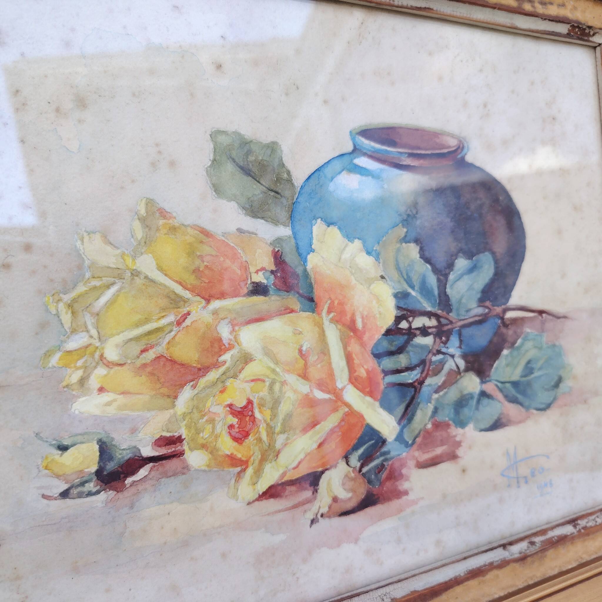 Watercolor bouquet of roses in preparation, Géo, 1948