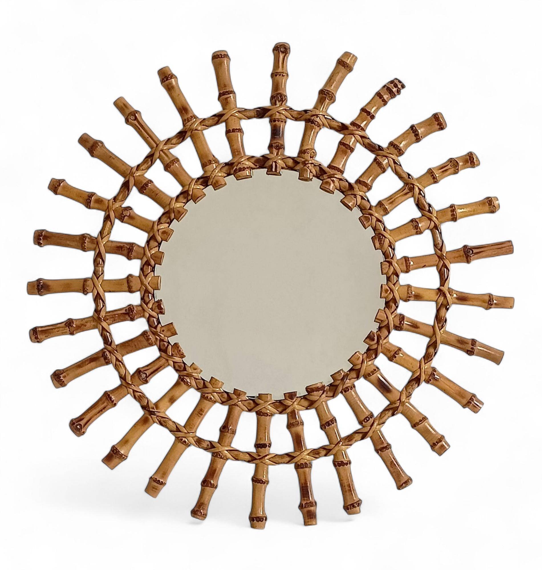 Midcentury Sunburst Mirror, Bamboo & Rattan, Handmade in France, 1950s