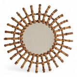 Midcentury Sunburst Mirror, Bamboo & Rattan, Handmade in France, 1950s