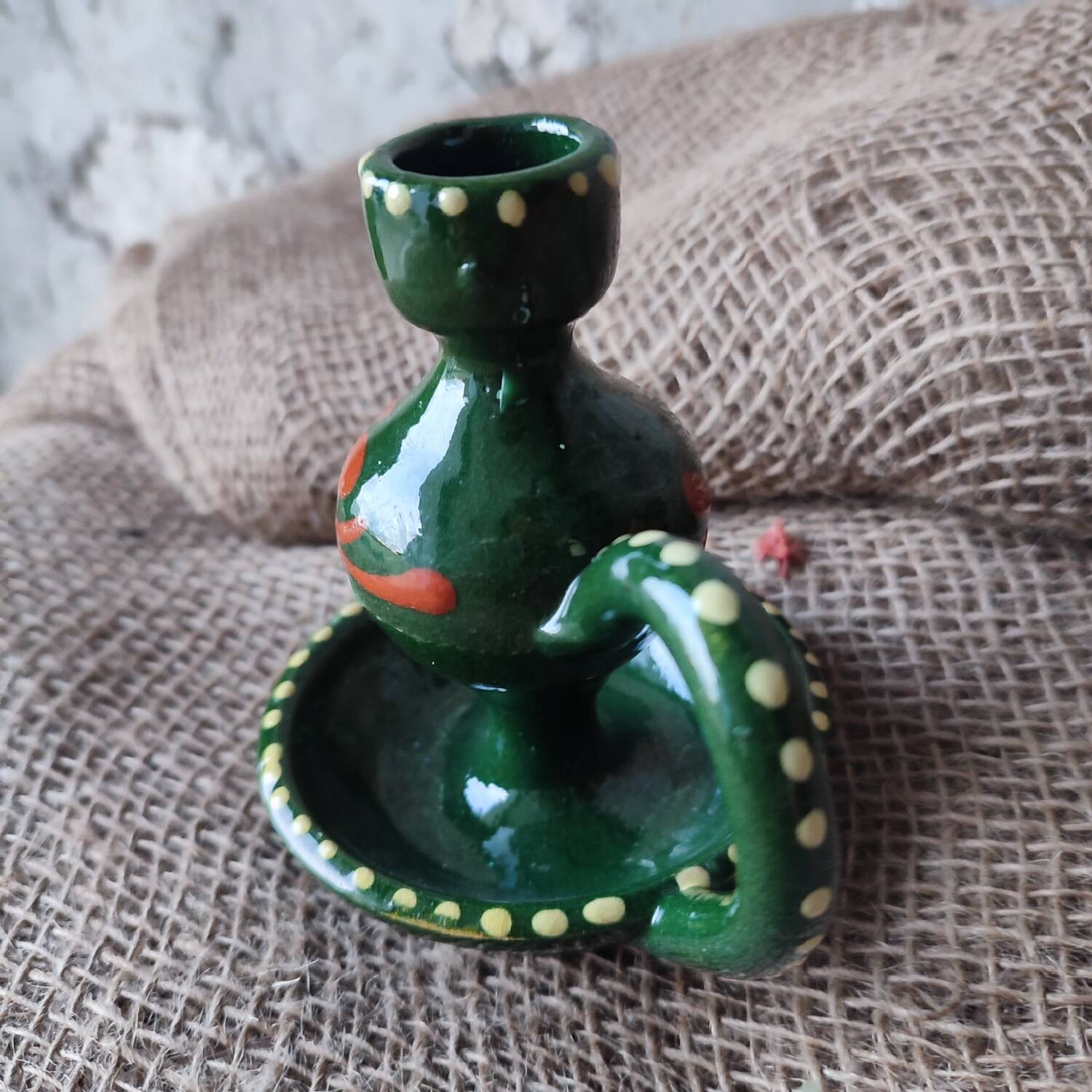 Traditional Savoyard ceramic cellar candlestick in olive green