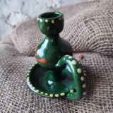 Traditional Savoyard ceramic cellar candlestick in olive green