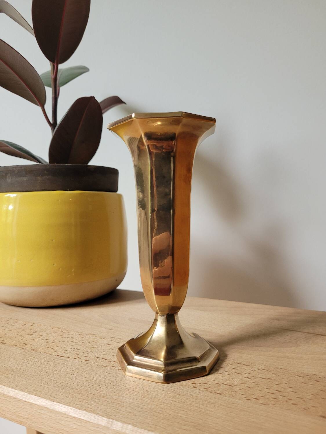 Hexagonal brass vase in trumpet shape