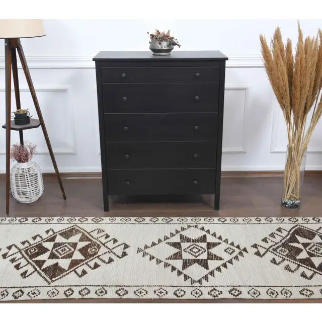 1970s Vintage Turkish Hand-Knotted Wool Cotton Beige Runner Rug  90x340