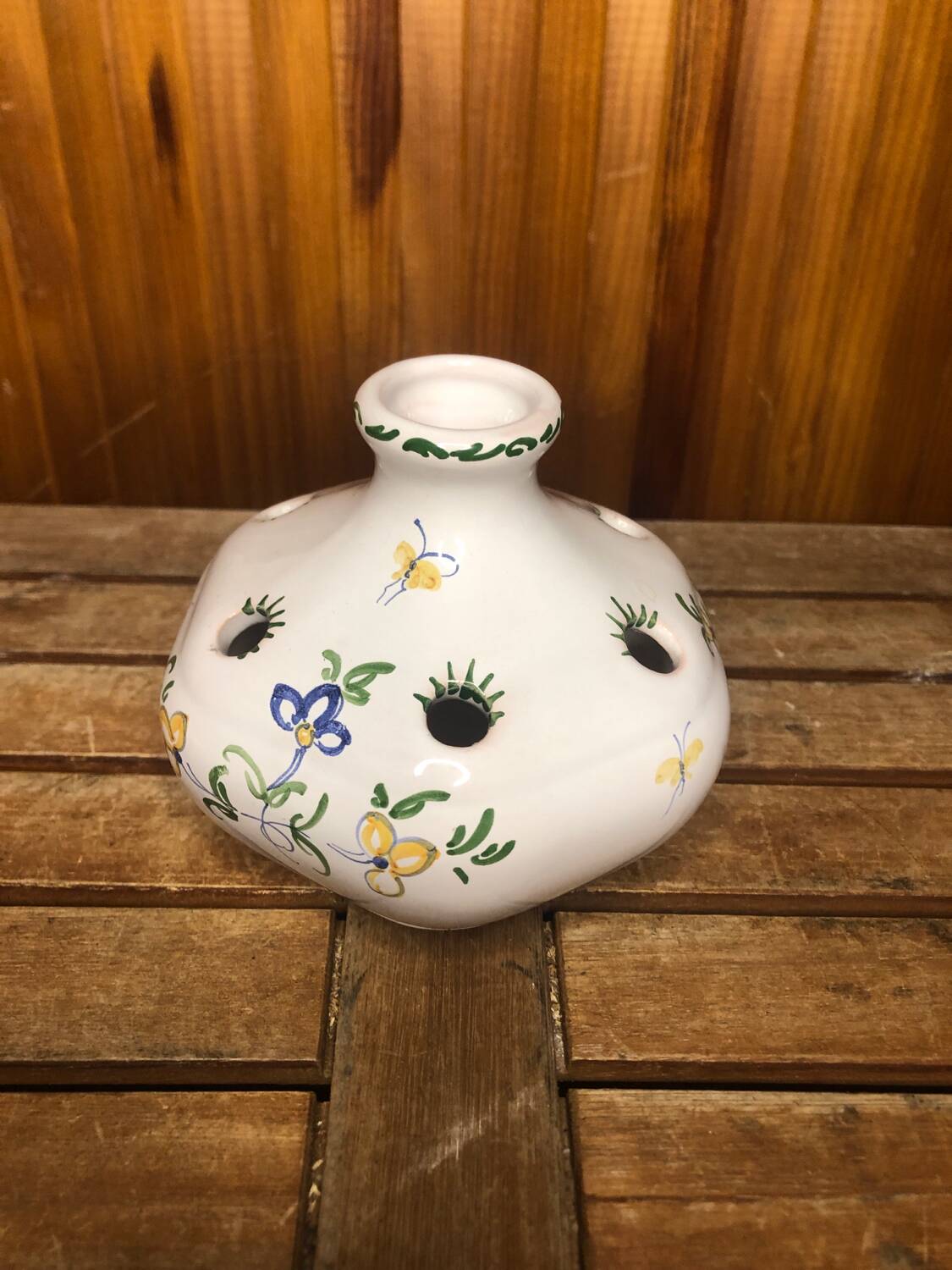 Old moustiers flower stick vase vintage painted white ceramic