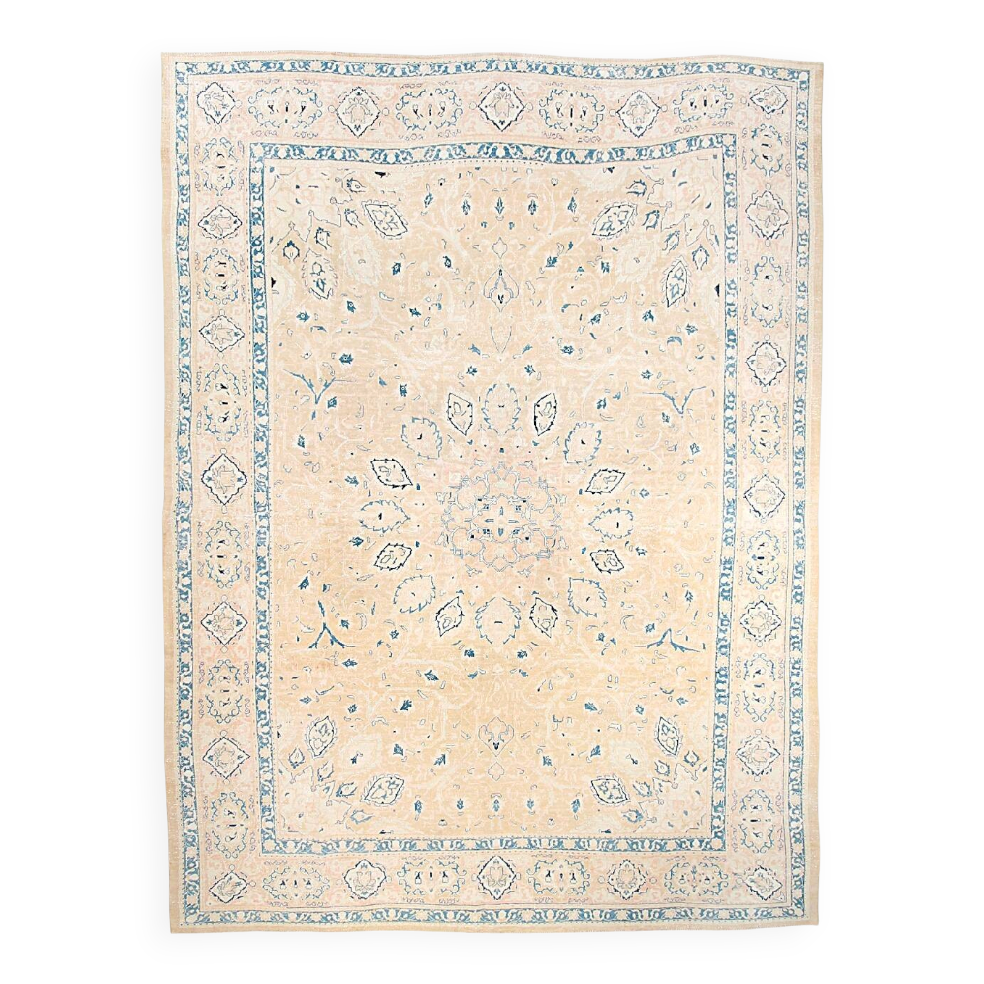 Tapis Persan Vintage Beige Et Bleu à Motifs Floraux, 301x388Cm