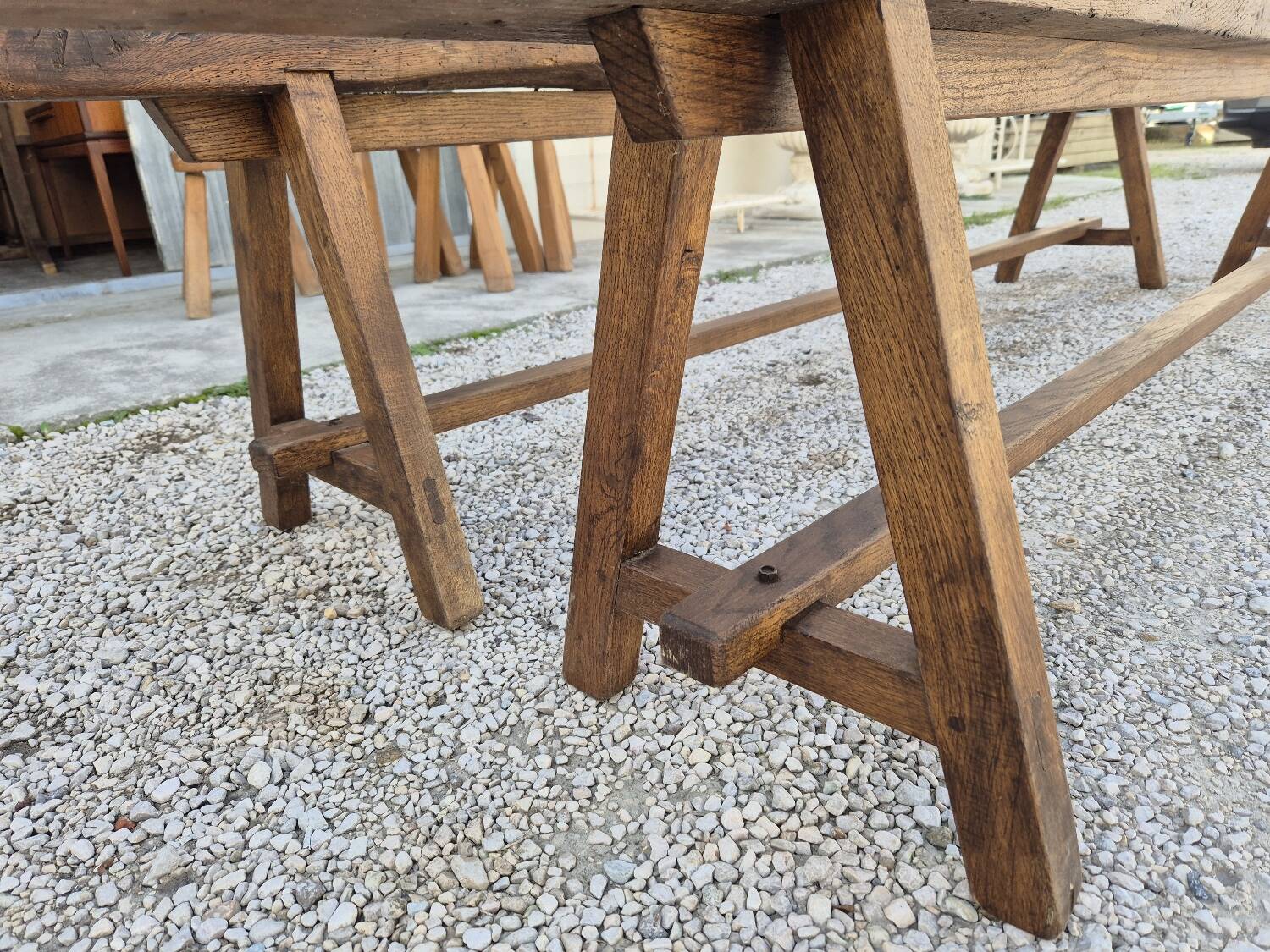 Pair of rustic solid oak farm benches 19th century - 2m90