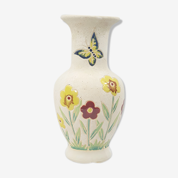 Vase vintage signé céramique brute fleurs émaillées