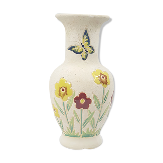 Vintage vase signed ceramic brute enamelled flowers