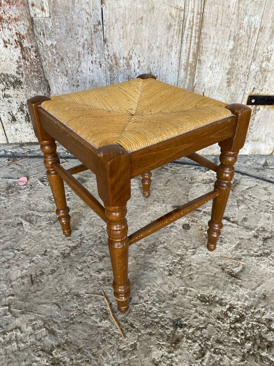Vintage Turned Wood Stool + Woven Straw Seat #D893