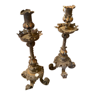 Pair of neo-gothic metal candle holders