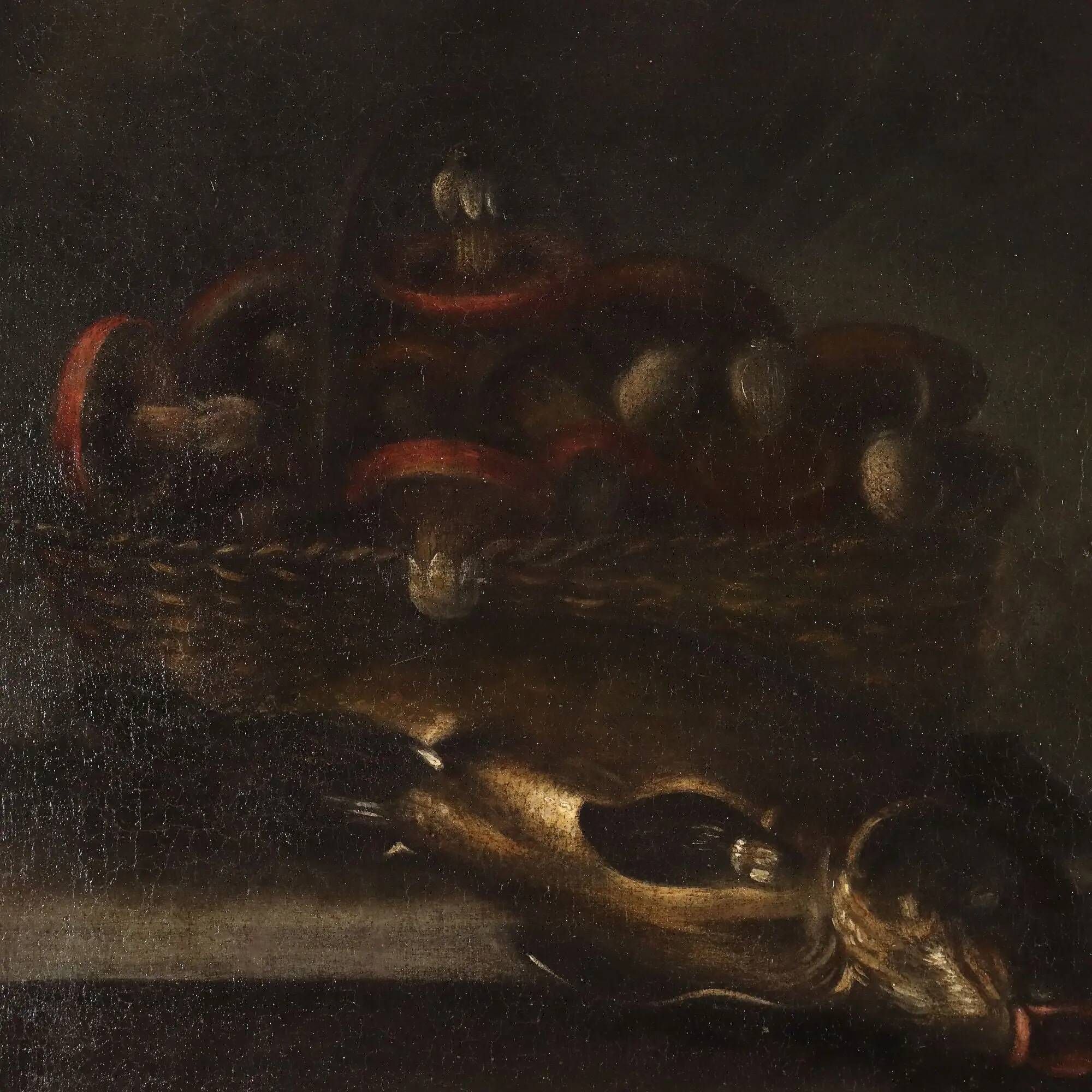 Old painting of still life with fish and snails, oil on canvas from the 1600s.