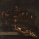 Old painting of still life with fish and snails, oil on canvas from the 1600s.
