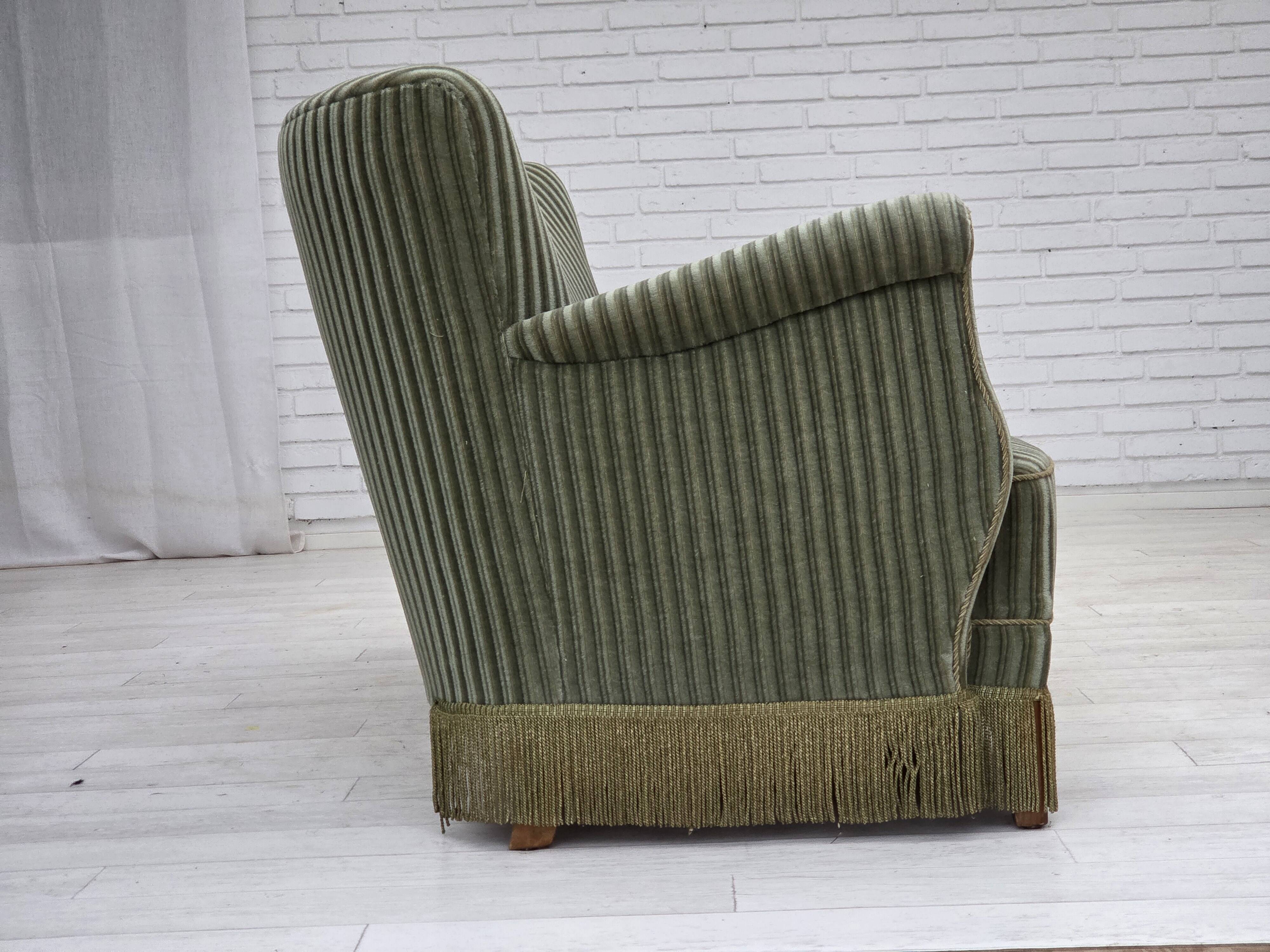 1960s, Danish 3-seater sofa, original green furniture velour, oak wood.