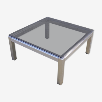 Table basse carrée en métal brossé avec verre fumé