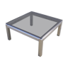 Table basse carrée en métal brossé avec verre fumé