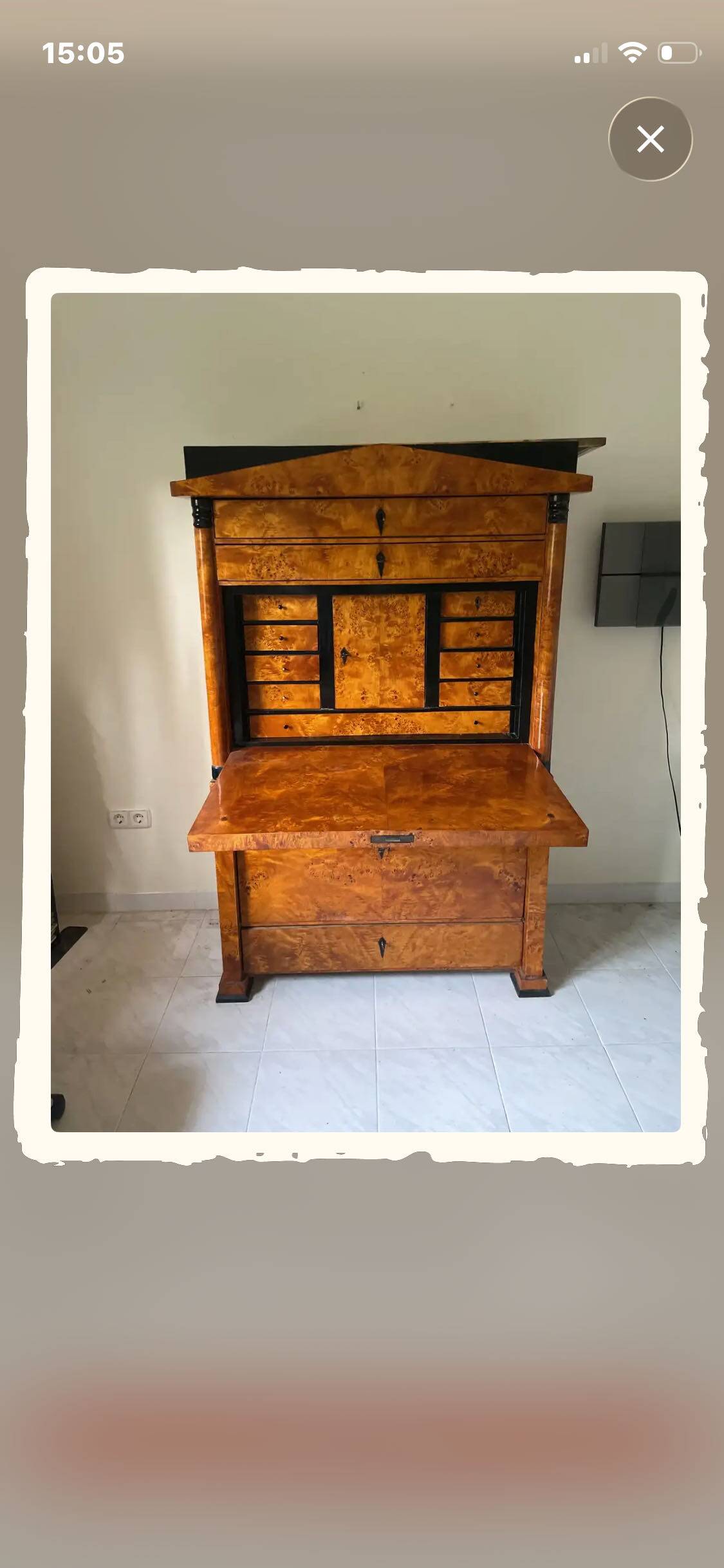Secretary with a drop-leaf in pine and ebony, in Biedermeier style.