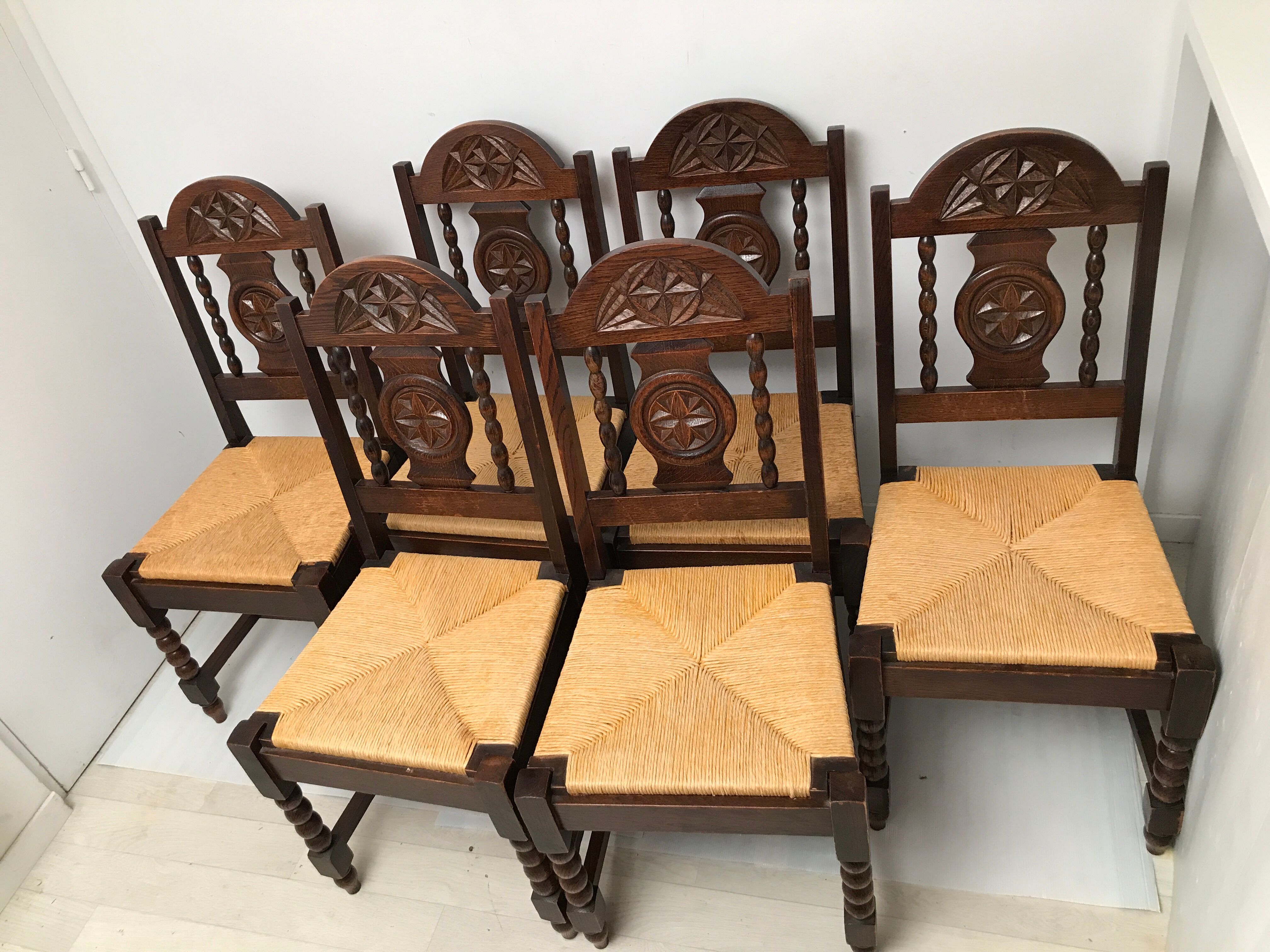 Set of 6 vintage straw and turned wood chairs