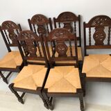Set of 6 vintage straw and turned wood chairs
