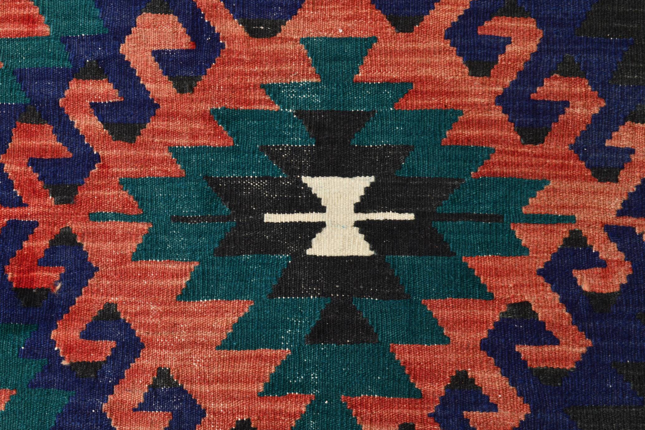Red & Blue Geometric Vintage Kilim Rug, 158x238Cm