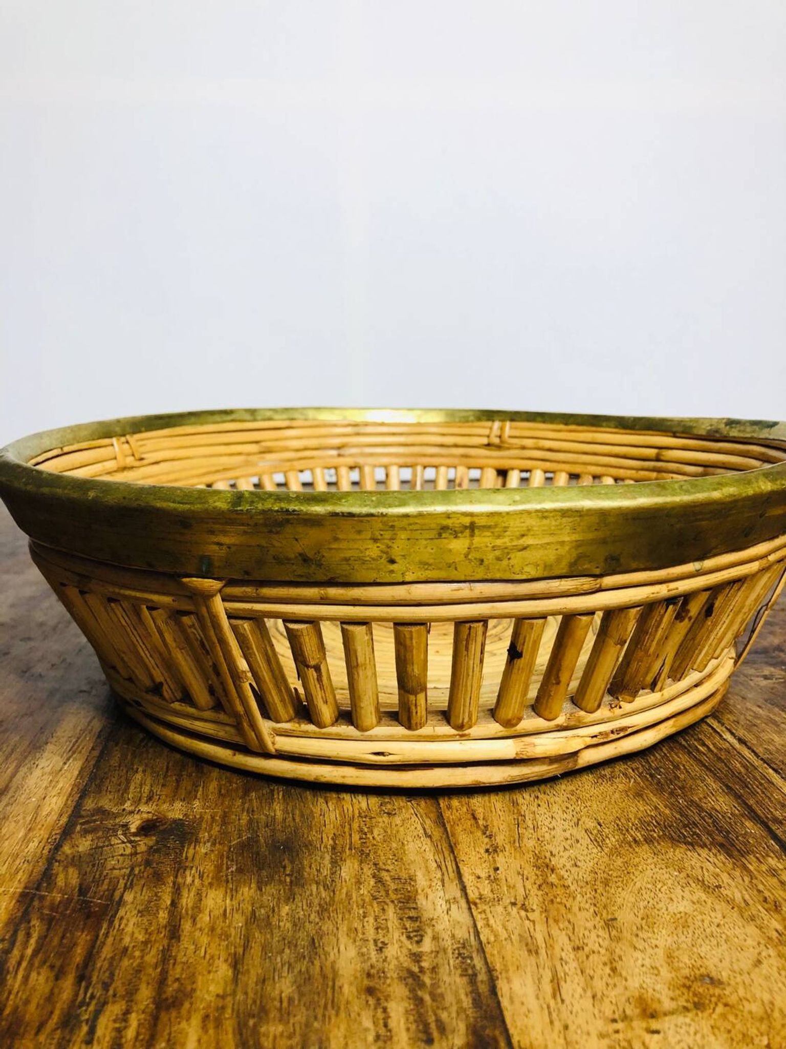 Large rattan and brass basket by Gabriella Crespi. Italy. 1970