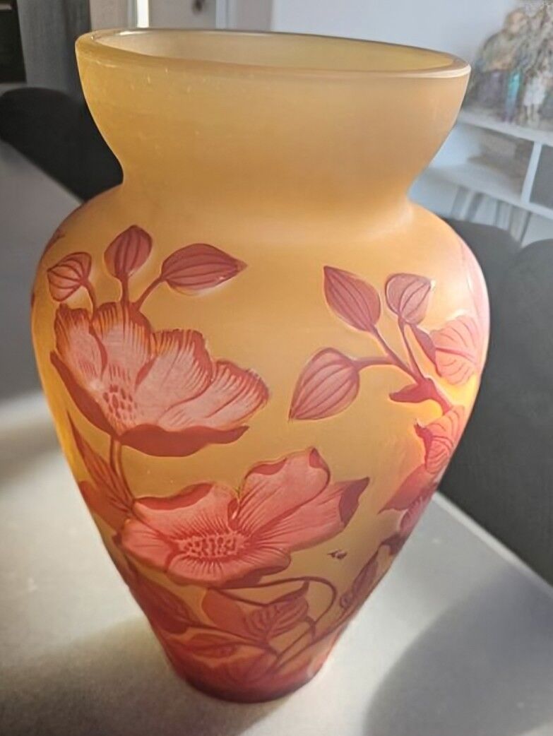 Art Nouveau vase by Émile Gallé - Cameo glass with yellow and pink floral design.