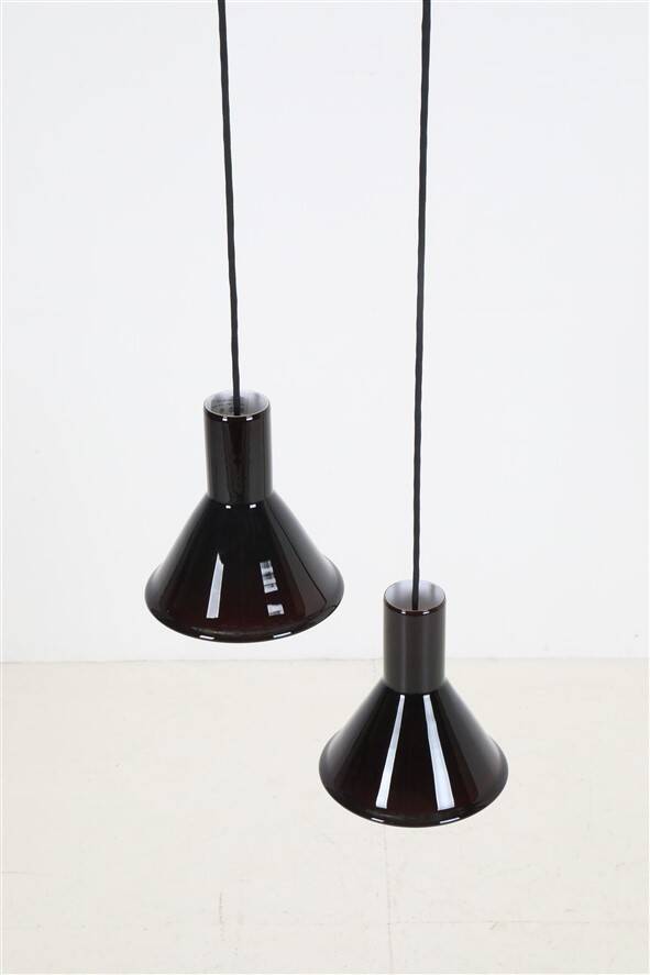 Set of 2 Holmegaard / Michael Bang 'Mini P&T' pendant lamps / handmade glass / red / black / 1970s