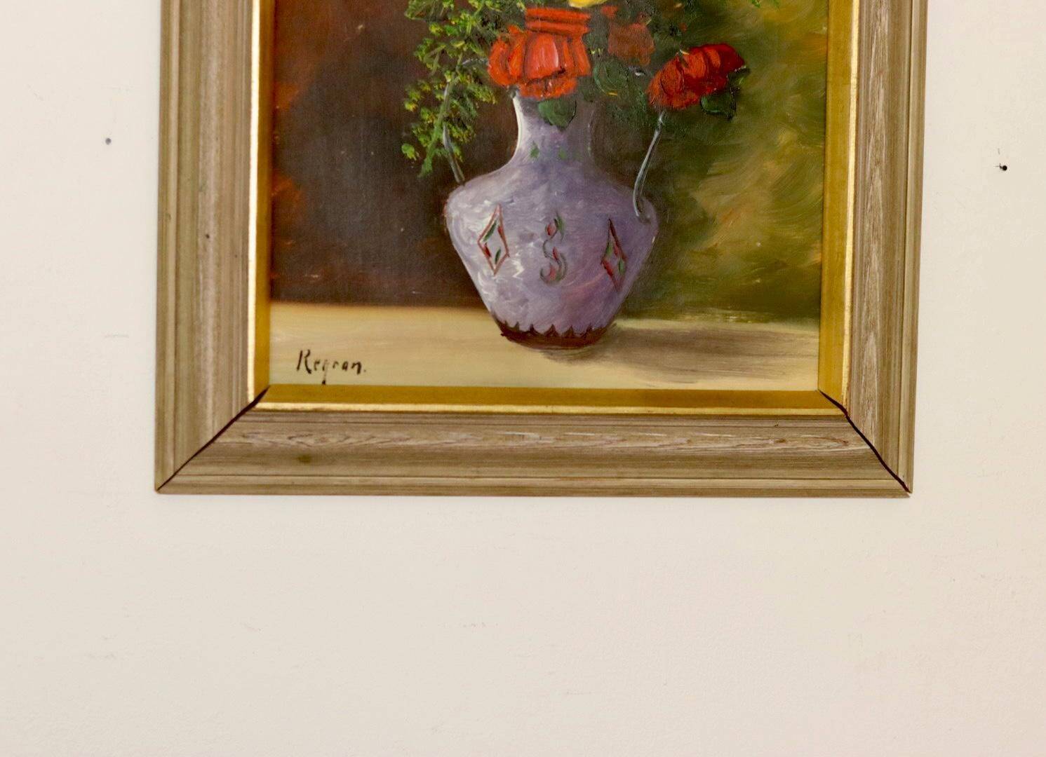 Original Swedish oil on panel "Flowers" by Regran - Vintage & Framed