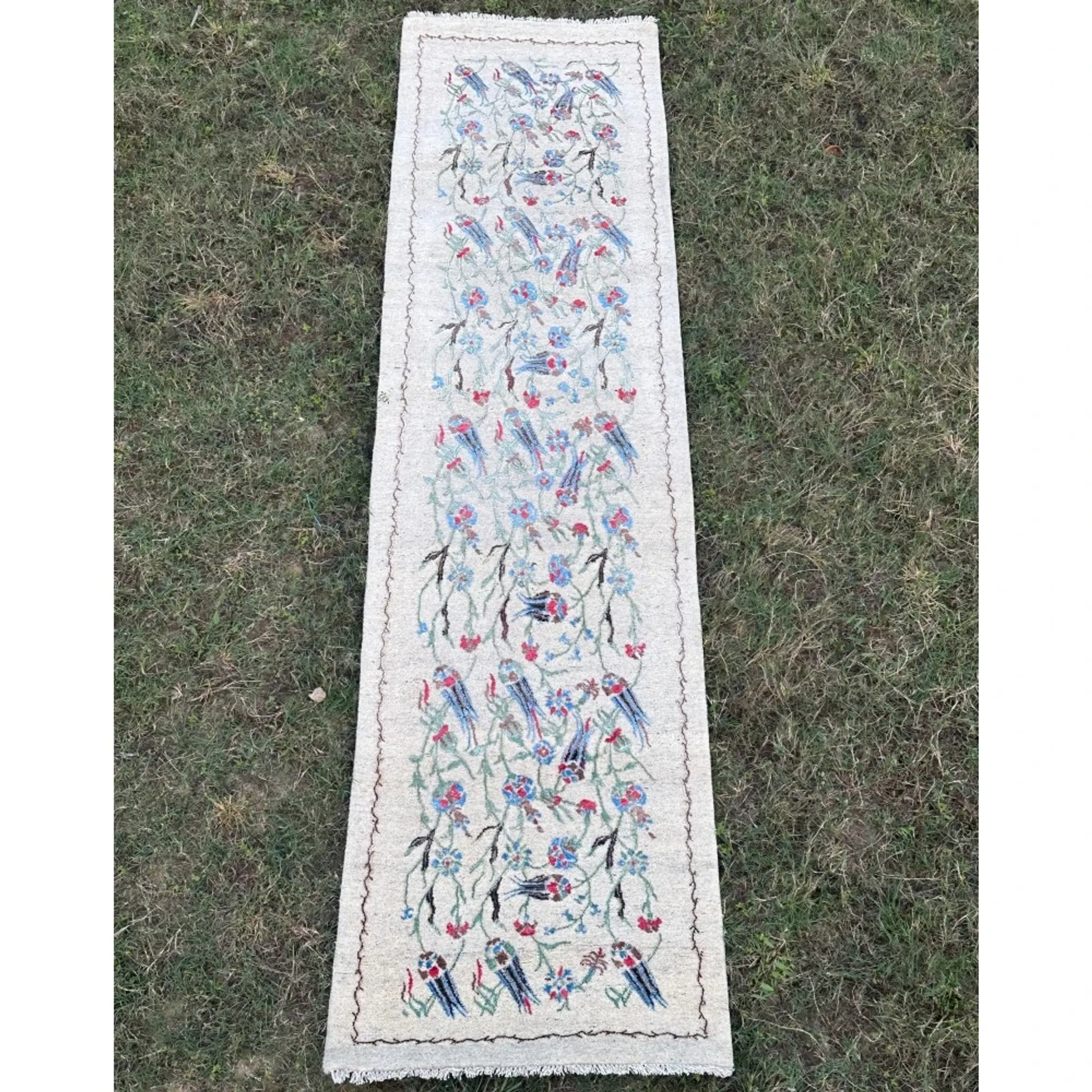 Hand-Knotted Silk Runner Rug for Hallway, Ivory Floral Vine Design Rug for Kitchen