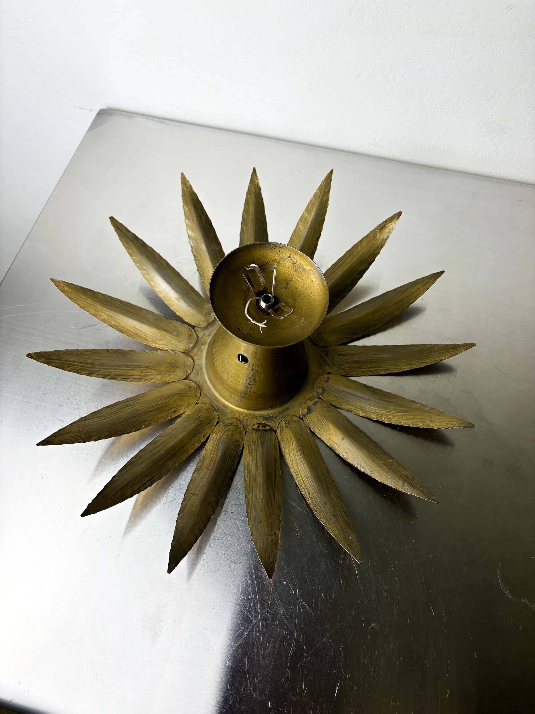 Spanish sunburst flush mount light fixture in gilt iron, Ferro Art, 1960s