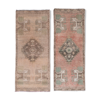 Pair of vintage turkish oushak yastik scatter rugs 46 x 112 - 49 x 113 cm
