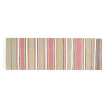 1970s Vintage Turkish Handmade Wool & Cotton Pink Runner Rug 90x273