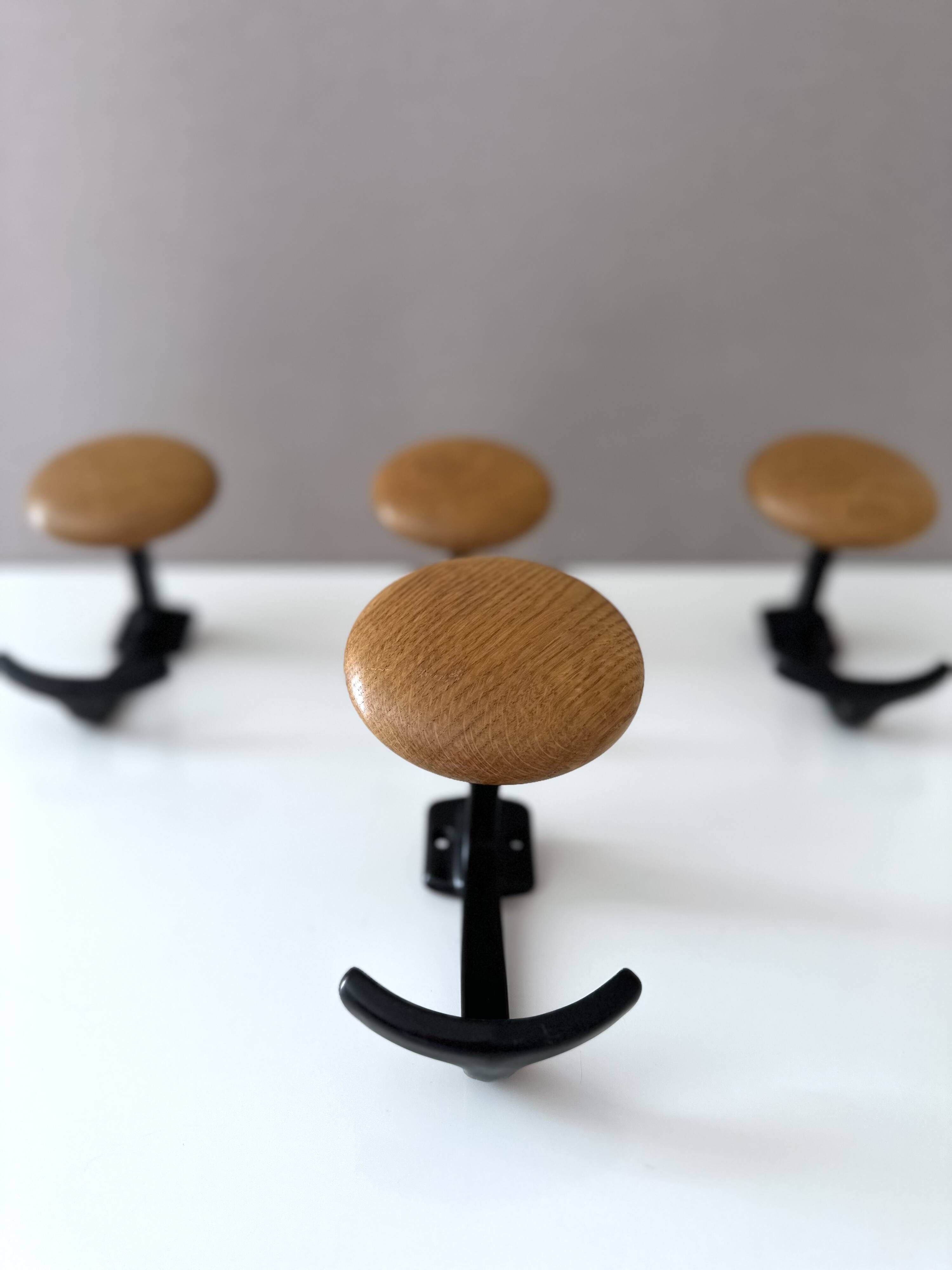Vintage Set of 4 Wooden & Metal Coat Hooks | Wall-Mounted Hooks